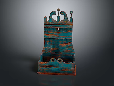Vintage Wooden Teal Orange Decorative Ornament Set with Crown Shaped Top and Distressed Texture 3d model