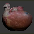 Ancient Red Orange Pottery Jar With Floral Patterns Double Handles And Lid