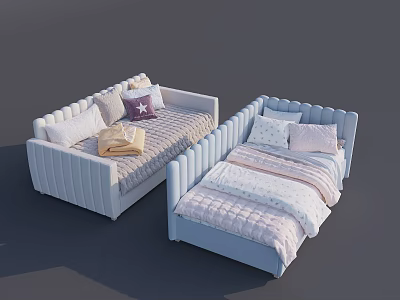 Cozy Light Blue And White Bedroom Furniture With Star Patterned Cushions And Soft Linens 3d model