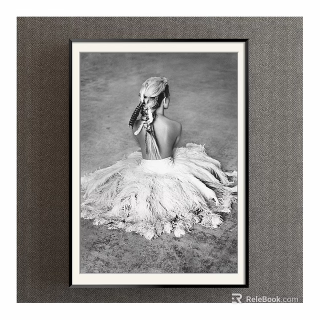Black and White Female Portrait Painting with Braided Hair and Fringed Dress Back View 3d model 