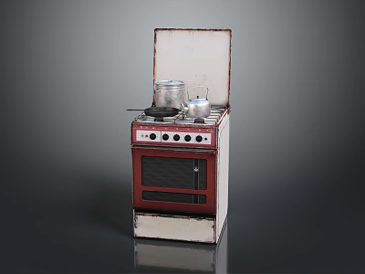 Vintage Red And White Stove With Burners Oven And Metal Pots For Home Use 3d model
