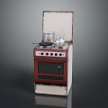 Vintage Red And White Stove With Burners Oven And Metal Pots For Home Use