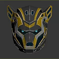 Futuristic Robotic Helmet With Gray Yellow Blue Geometric Design And Sleek Metallic Surface