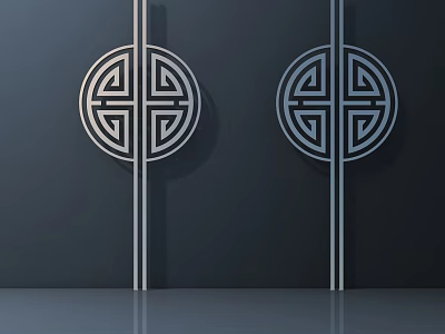 Modern Metallic Circular Handles With Traditional Intricate Patterns On Dark Backdrop 3d model