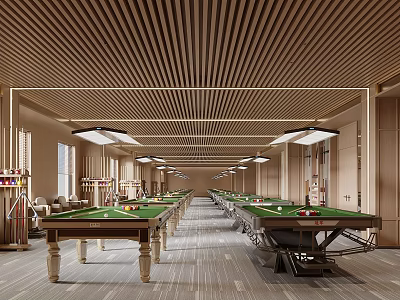 Billiard Room With Multiple Green Felt Tables And Wooden Slatted Ceiling Design 3d model