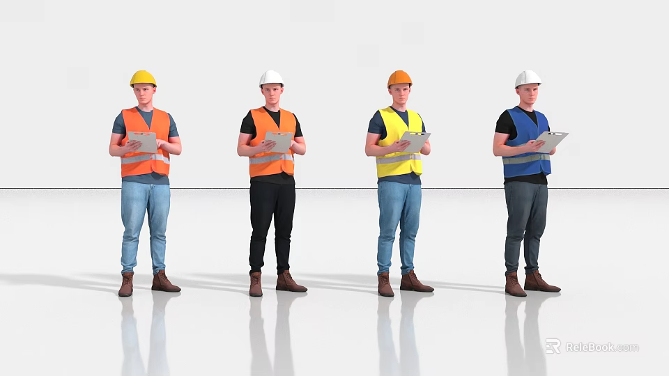 Men In Colored Safety Helmets And Vests Holding Documents Standing Against White Background 3d model 