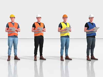 Men In Colored Safety Helmets And Vests Holding Documents Standing Against White Background 3d model