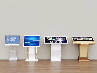 Public Facility Featuring Four Different Style Touchscreen Information Kiosks on Wooden Floor Light Colored Wall 3d model
