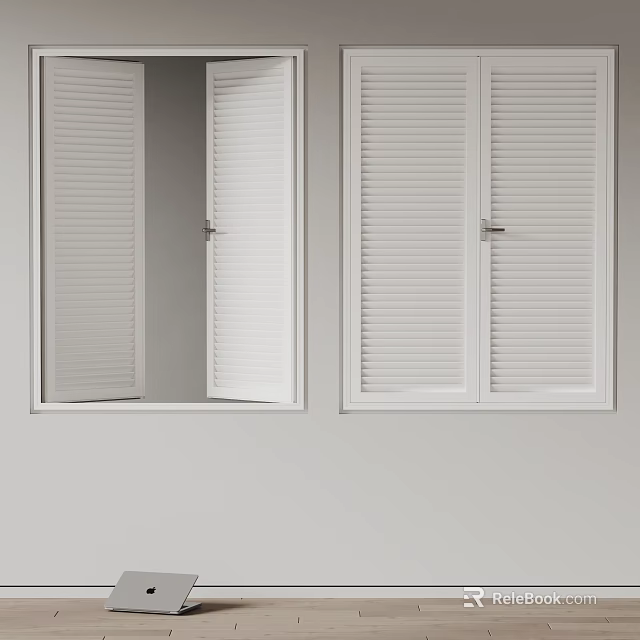 White Framed Casement Windows With Louvre Shutters Mounted On Light Grey Wall 3d model