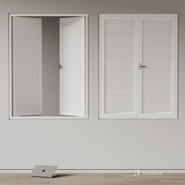 White Framed Casement Windows With Louvre Shutters Mounted On Light Grey Wall 3d model 