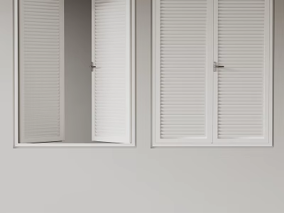 White Framed Casement Windows With Louvre Shutters Mounted On Light Grey Wall 3d model