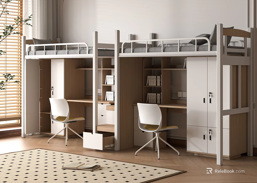 Modern Bunk Bed With Desk Storage Cabinet And Chair In Bedroom Space 3d model 