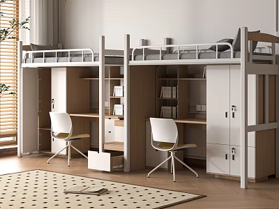 Modern Bunk Bed With Desk Storage Cabinet And Chair In Bedroom Space 3d model