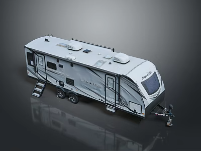 Modern Travel Caravan Exterior With Windows Ladder And Wheels Design 3d model