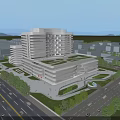 Modern Multi Storey Hospital Building With Green Roof Surrounding Landscape And Road Access