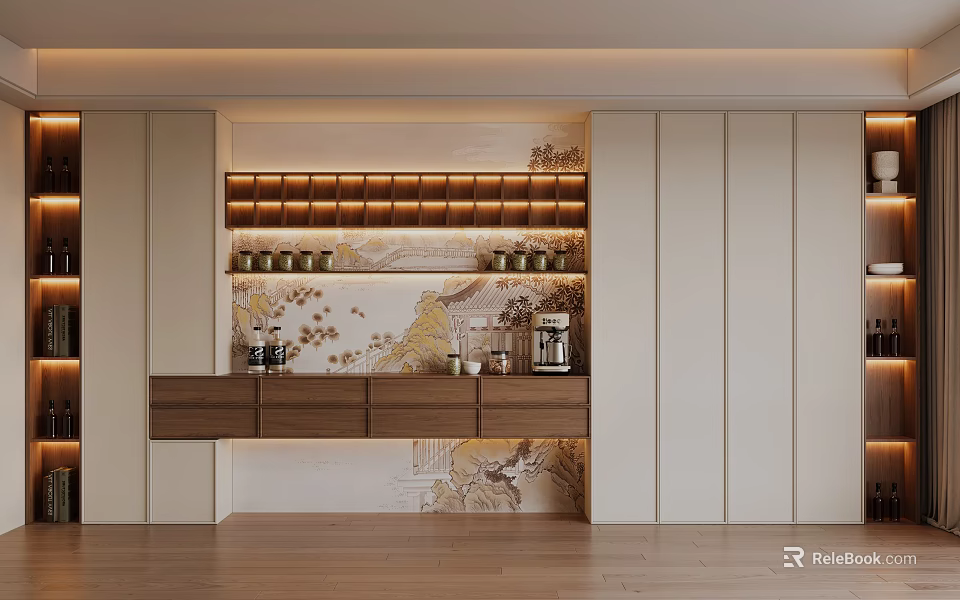 Modern Sideboard Design With Wooden Cabinet And Marble Top In Dining Room Interior 3d model 