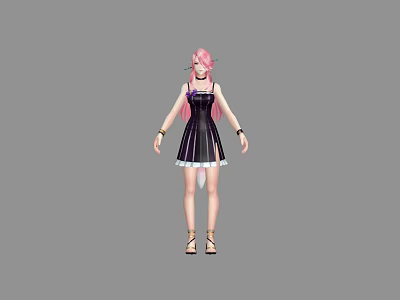 Anime Game Character With Pink Hair In Black Striped Dress And Sandals 3d model