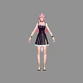 Anime Game Character With Pink Hair In Black Striped Dress And Sandals