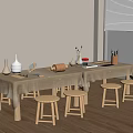 Beige Tablecloth Dining Table with Wooden Stools Vase Cups and Window Blinds on Wooden Floor