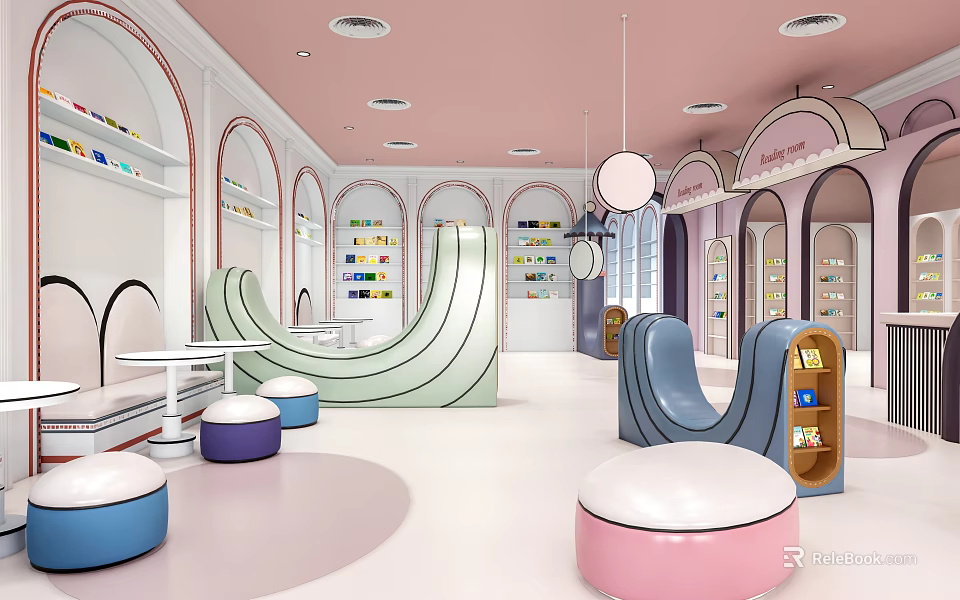 Bright Kindergarten Interior With Curved Seats Round Cushions And Colorful Bookshelves 3d model 