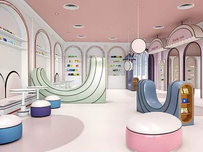 Bright Kindergarten Interior With Curved Seats Round Cushions And Colorful Bookshelves 3d model