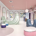 Bright Kindergarten Interior With Curved Seats Round Cushions And Colorful Bookshelves