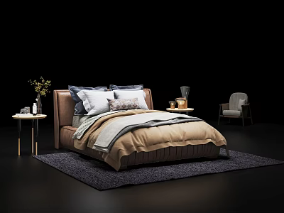 Modern Double Bed with Plush Pillows Layered Bedding and Accent Chair 3d model