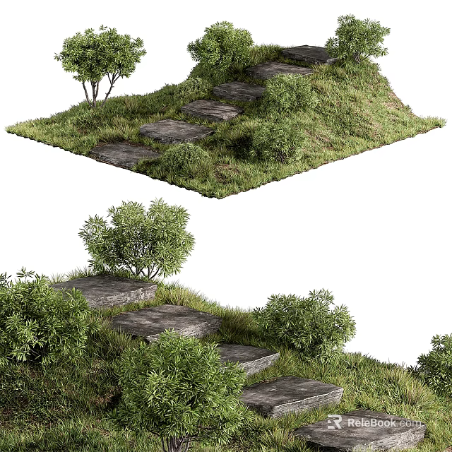 Natural Stone Stairs Surrounded by Green Grass Small Trees and Bushes 3d model 