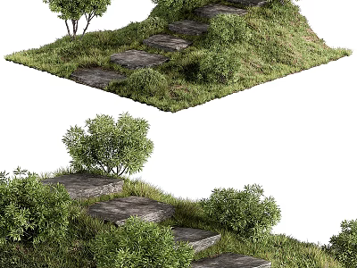 Natural Stone Stairs Surrounded by Green Grass Small Trees and Bushes 3d model