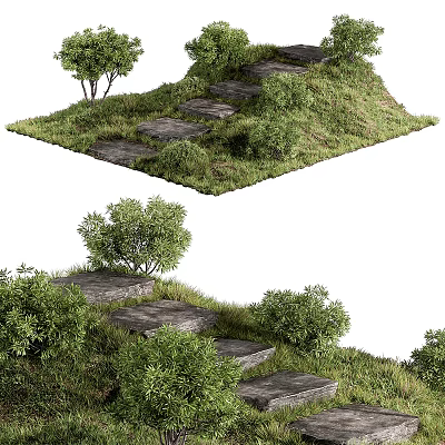 Natural Stone Stairs Surrounded by Green Grass Small Trees and Bushes 3d model