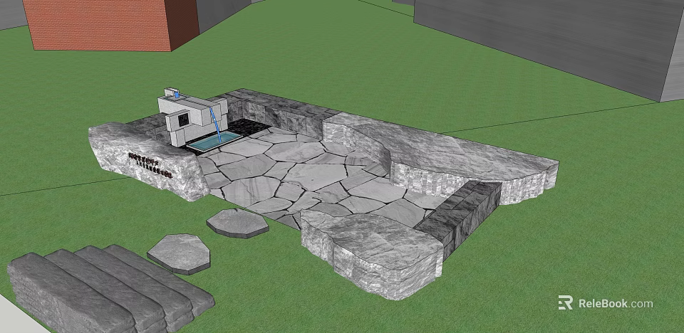 Outdoor Courtyard Garden Design With Stone Patio And Natural Stone Walls 3d model 