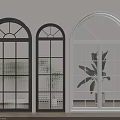 Arched French Windows In Black White Frames With Grid Glass Designs 3d model
