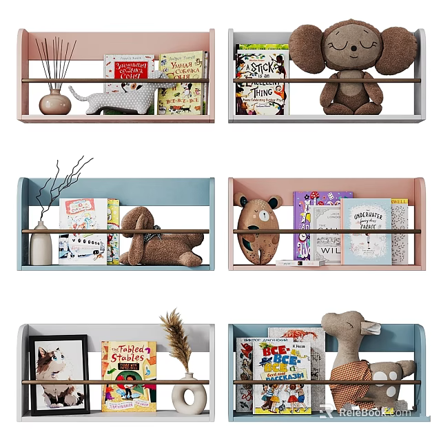 Various Colored Wall Shelves With Books Stuffed Toys And Decor Items 3d model 