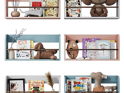 Various Colored Wall Shelves With Books Stuffed Toys And Decor Items 3d model
