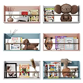 Various Colored Wall Shelves With Books Stuffed Toys And Decor Items