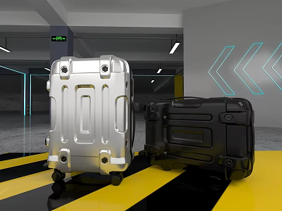 Silver And Black Hard Shell Suitcases On Yellow Black Striped Floor In Modern Interior 3d model