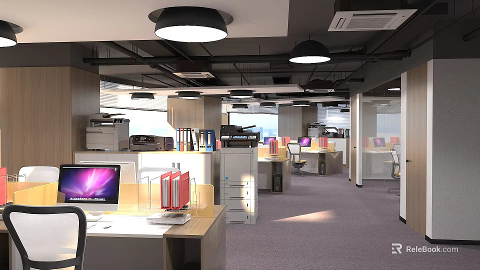 Modern Public Office Space With Open Layout Desks Computers Lighting And Filing Cabinets 3d model