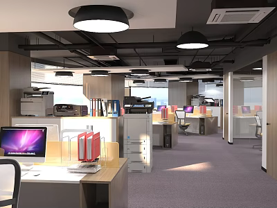 Modern Public Office Space With Open Layout Desks Computers Lighting And Filing Cabinets 3d model
