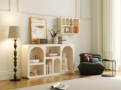 Modern Decorative Cabinet With Compartments Holding Books Vase Statue Framed Artwork And Floor Lamp 3d model