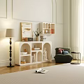 Modern Decorative Cabinet With Compartments Holding Books Vase Statue Framed Artwork And Floor Lamp