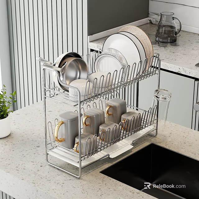 Stainless Steel Two Tier Dishware Set With Plates Bowls Gold Handle Mugs On Kitchen Countertop 3d model 