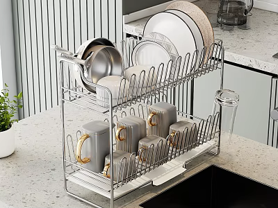Stainless Steel Two Tier Dishware Set With Plates Bowls Gold Handle Mugs On Kitchen Countertop 3d model