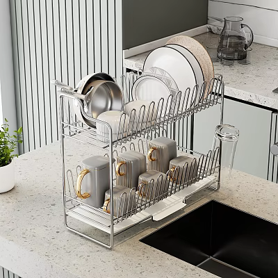 Stainless Steel Two Tier Dishware Set With Plates Bowls Gold Handle Mugs On Kitchen Countertop 3d model
