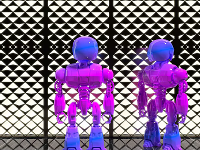 Metallic Shiny Smart Robots In Purple Blue With Black White Diamond Pattern Grid Background 3d model