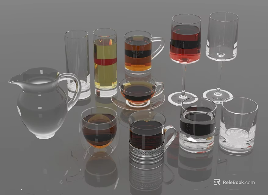 Household Glass Drinkware Collection With Pitcher Mugs Wine Glasses And Various Shapes For Daily Use 3d model 