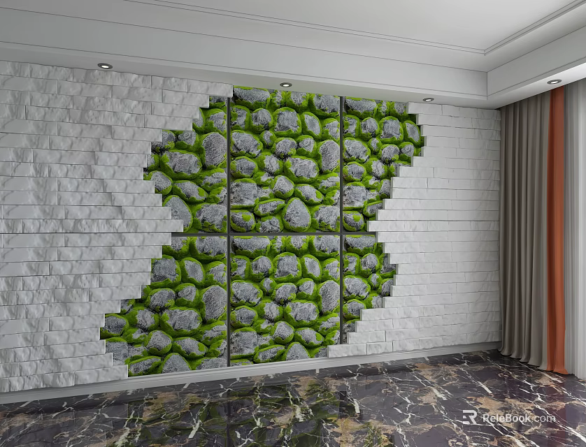 White Brick Background Wall With Map Shaped Green Moss Stone Tiles Decorative Design 3d model 