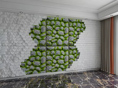 White Brick Background Wall With Map Shaped Green Moss Stone Tiles Decorative Design 3d model