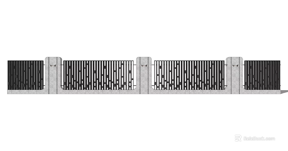 Modern Building Exterior Wall With Black Metal Fence And Gray Concrete Pillars 3d model 
