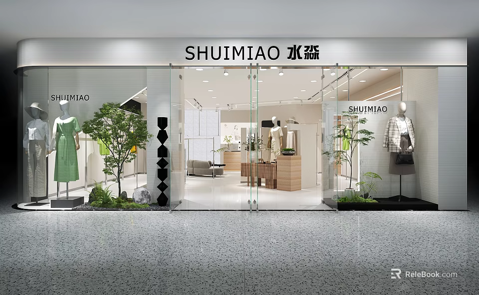 SHUIMIAO Modern Clothing Store With Window Display Mannequins Green Dress Plant Decor And Bright Interior 3d model 