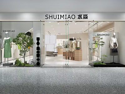 SHUIMIAO Modern Clothing Store With Window Display Mannequins Green Dress Plant Decor And Bright Interior 3d model